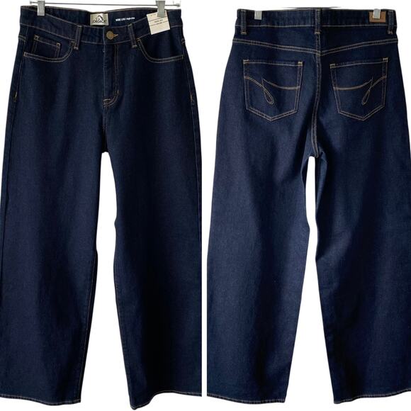 NEW JORDACHE High Rise Wide Leg Denim Jeans Size 8 Dark Blue Wash Stretch - Picture 1 of 6